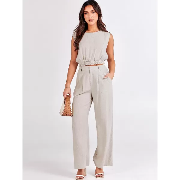 imageANRABESS Womens Summer 2 Piece Outfits Linen Crop Tank Top Lounge Matching Sets amp Long Pants Tracksuits with PocketsBeige