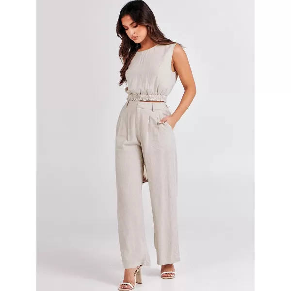 imageANRABESS Womens Summer 2 Piece Outfits Linen Crop Tank Top Lounge Matching Sets amp Long Pants Tracksuits with PocketsBeige