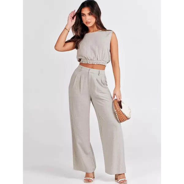 imageANRABESS Womens Summer 2 Piece Outfits Linen Crop Tank Top Lounge Matching Sets amp Long Pants Tracksuits with PocketsBeige