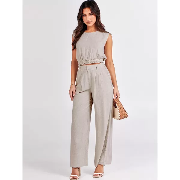imageANRABESS Womens Summer 2 Piece Outfits Linen Crop Tank Top Lounge Matching Sets amp Long Pants Tracksuits with PocketsBeige