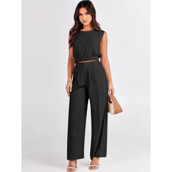 imageANRABESS Womens Summer 2 Piece Outfits Linen Crop Tank Top Lounge Matching Sets amp Long Pants Tracksuits with PocketsBlack