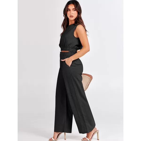 imageANRABESS Womens Summer 2 Piece Outfits Linen Crop Tank Top Lounge Matching Sets amp Long Pants Tracksuits with PocketsBlack