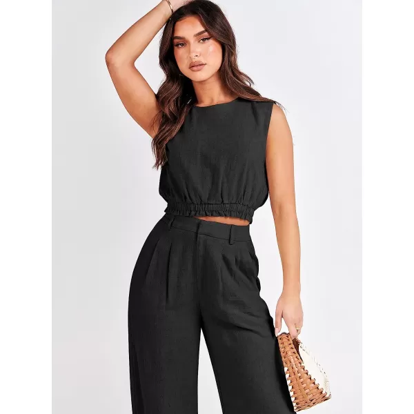 imageANRABESS Womens Summer 2 Piece Outfits Linen Crop Tank Top Lounge Matching Sets amp Long Pants Tracksuits with PocketsBlack