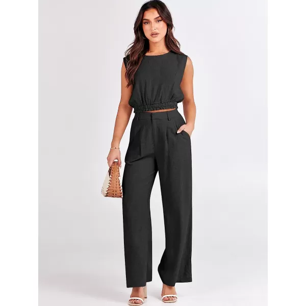 imageANRABESS Womens Summer 2 Piece Outfits Linen Crop Tank Top Lounge Matching Sets amp Long Pants Tracksuits with PocketsBlack