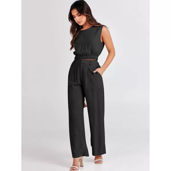 imageANRABESS Womens Summer 2 Piece Outfits Linen Crop Tank Top Lounge Matching Sets amp Long Pants Tracksuits with PocketsBlack