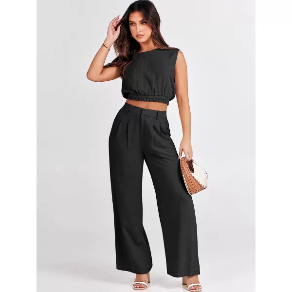 imageANRABESS Womens Summer 2 Piece Outfits Linen Crop Tank Top Lounge Matching Sets amp Long Pants Tracksuits with PocketsBlack