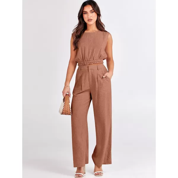 imageANRABESS Womens Summer 2 Piece Outfits Linen Crop Tank Top Lounge Matching Sets amp Long Pants Tracksuits with PocketsBrown