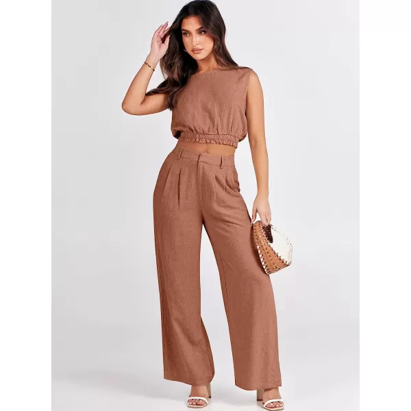 imageANRABESS Womens Summer 2 Piece Outfits Linen Crop Tank Top Lounge Matching Sets amp Long Pants Tracksuits with PocketsBrown