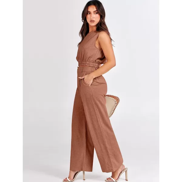 imageANRABESS Womens Summer 2 Piece Outfits Linen Crop Tank Top Lounge Matching Sets amp Long Pants Tracksuits with PocketsBrown