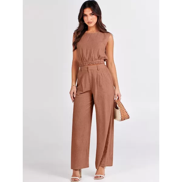 imageANRABESS Womens Summer 2 Piece Outfits Linen Crop Tank Top Lounge Matching Sets amp Long Pants Tracksuits with PocketsBrown