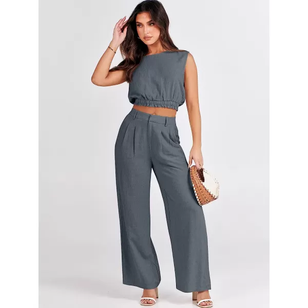 imageANRABESS Womens Summer 2 Piece Outfits Linen Crop Tank Top Lounge Matching Sets amp Long Pants Tracksuits with PocketsGrey