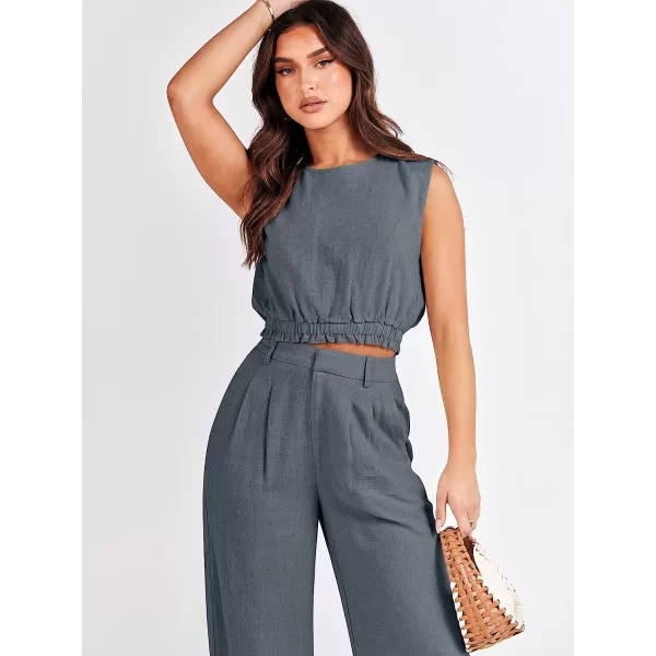 imageANRABESS Womens Summer 2 Piece Outfits Linen Crop Tank Top Lounge Matching Sets amp Long Pants Tracksuits with PocketsGrey