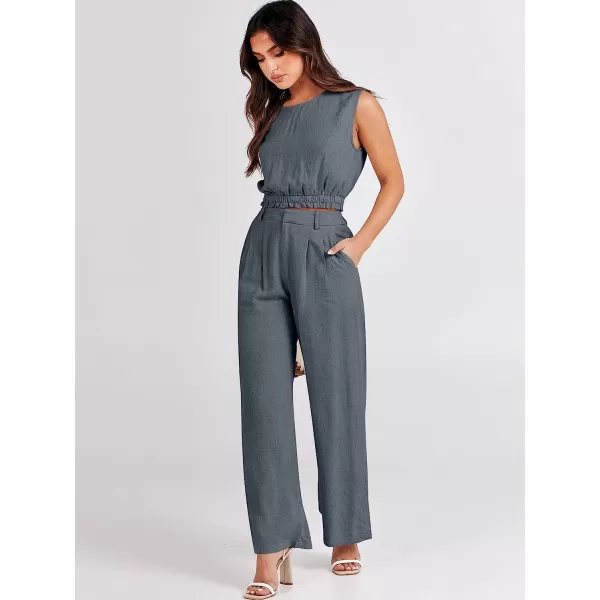 imageANRABESS Womens Summer 2 Piece Outfits Linen Crop Tank Top Lounge Matching Sets amp Long Pants Tracksuits with PocketsGrey