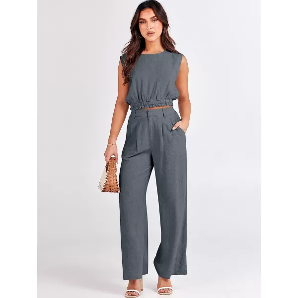 imageANRABESS Womens Summer 2 Piece Outfits Linen Crop Tank Top Lounge Matching Sets amp Long Pants Tracksuits with PocketsGrey
