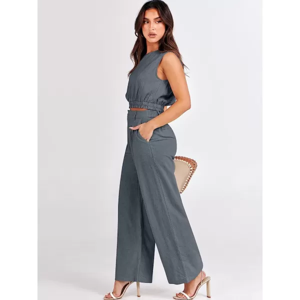 imageANRABESS Womens Summer 2 Piece Outfits Linen Crop Tank Top Lounge Matching Sets amp Long Pants Tracksuits with PocketsGrey
