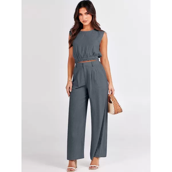 imageANRABESS Womens Summer 2 Piece Outfits Linen Crop Tank Top Lounge Matching Sets amp Long Pants Tracksuits with PocketsGrey