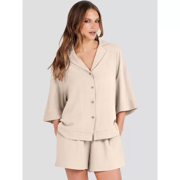 imageANRABESS Womens Summer 2 Piece Outfits Linen Sets Short Sleeve Button Tops Casual Lounge Shorts Sets with PocketsApricot