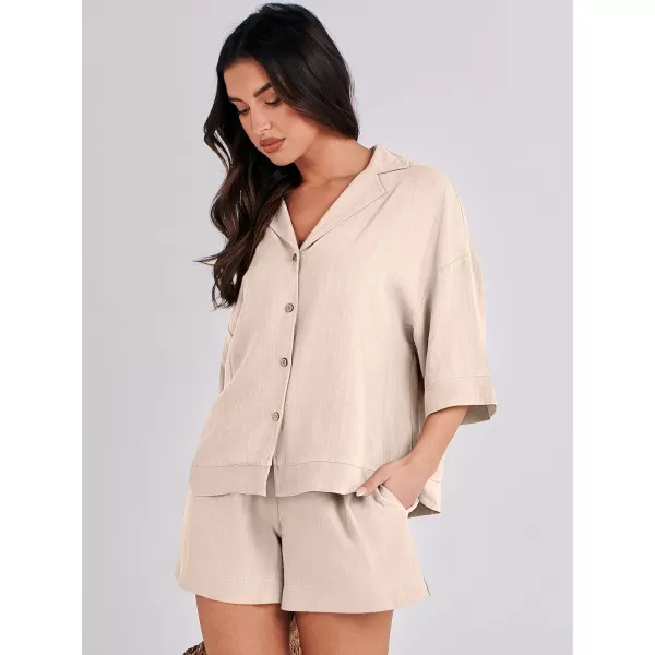 imageANRABESS Womens Summer 2 Piece Outfits Linen Sets Short Sleeve Button Tops Casual Lounge Shorts Sets with PocketsApricot