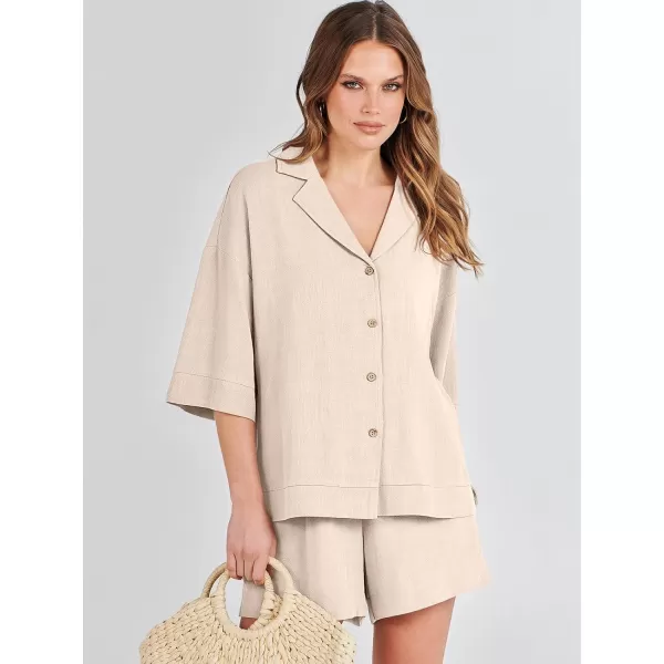 imageANRABESS Womens Summer 2 Piece Outfits Linen Sets Short Sleeve Button Tops Casual Lounge Shorts Sets with PocketsApricot