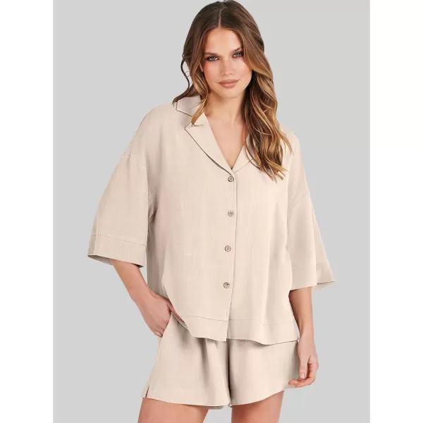 imageANRABESS Womens Summer 2 Piece Outfits Linen Sets Short Sleeve Button Tops Casual Lounge Shorts Sets with PocketsApricot