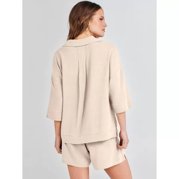 imageANRABESS Womens Summer 2 Piece Outfits Linen Sets Short Sleeve Button Tops Casual Lounge Shorts Sets with PocketsApricot
