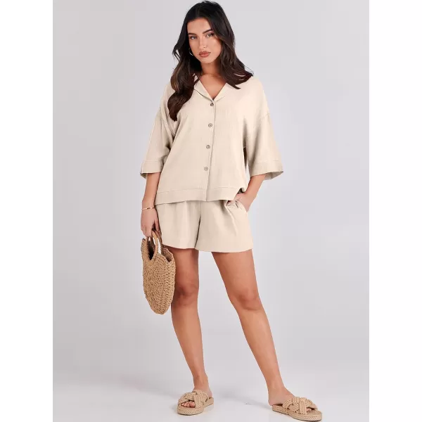 imageANRABESS Womens Summer 2 Piece Outfits Linen Sets Short Sleeve Button Tops Casual Lounge Shorts Sets with PocketsApricot