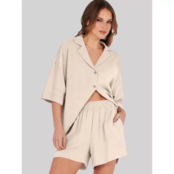 imageANRABESS Womens Summer 2 Piece Outfits Linen Sets Short Sleeve Button Tops Casual Lounge Shorts Sets with PocketsApricot