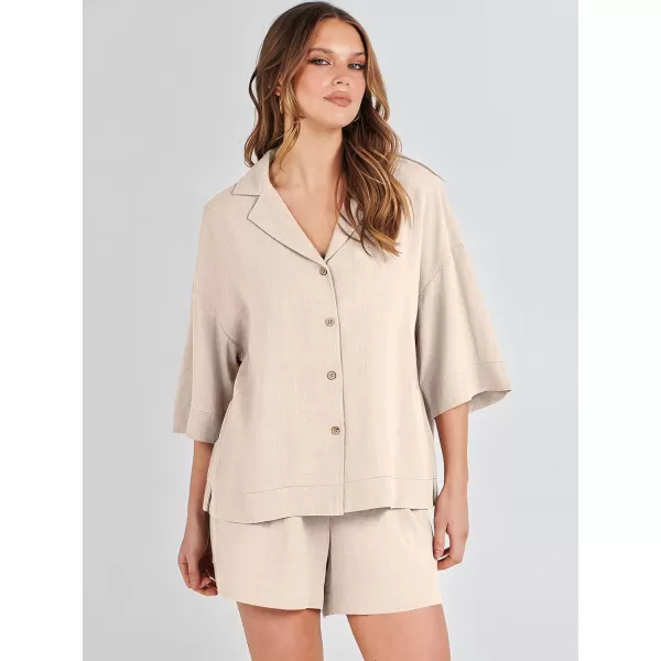 imageANRABESS Womens Summer 2 Piece Outfits Linen Sets Short Sleeve Button Tops Casual Lounge Shorts Sets with PocketsApricot