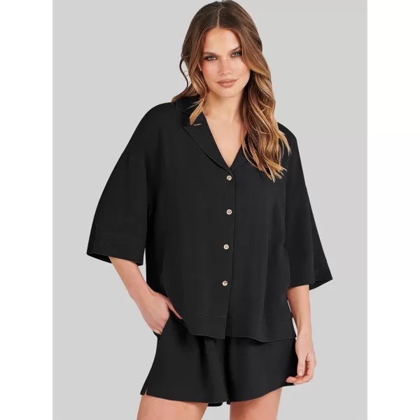 imageANRABESS Womens Summer 2 Piece Outfits Linen Sets Short Sleeve Button Tops Casual Lounge Shorts Sets with PocketsBlack