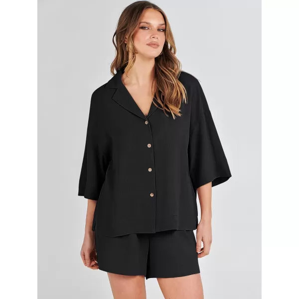 imageANRABESS Womens Summer 2 Piece Outfits Linen Sets Short Sleeve Button Tops Casual Lounge Shorts Sets with PocketsBlack