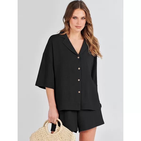 imageANRABESS Womens Summer 2 Piece Outfits Linen Sets Short Sleeve Button Tops Casual Lounge Shorts Sets with PocketsBlack