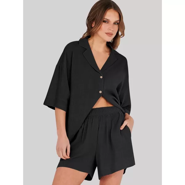 imageANRABESS Womens Summer 2 Piece Outfits Linen Sets Short Sleeve Button Tops Casual Lounge Shorts Sets with PocketsBlack