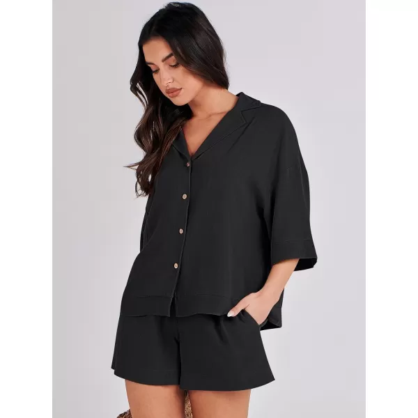 imageANRABESS Womens Summer 2 Piece Outfits Linen Sets Short Sleeve Button Tops Casual Lounge Shorts Sets with PocketsBlack