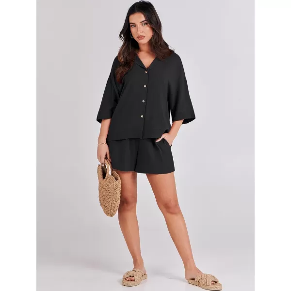 imageANRABESS Womens Summer 2 Piece Outfits Linen Sets Short Sleeve Button Tops Casual Lounge Shorts Sets with PocketsBlack