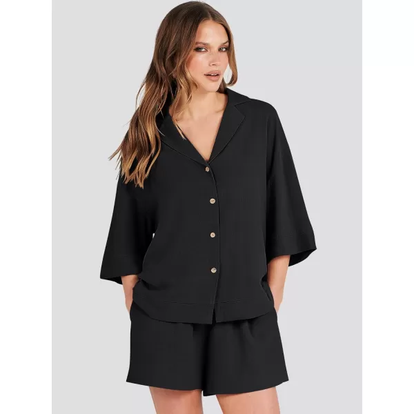 imageANRABESS Womens Summer 2 Piece Outfits Linen Sets Short Sleeve Button Tops Casual Lounge Shorts Sets with PocketsBlack
