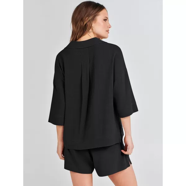 imageANRABESS Womens Summer 2 Piece Outfits Linen Sets Short Sleeve Button Tops Casual Lounge Shorts Sets with PocketsBlack