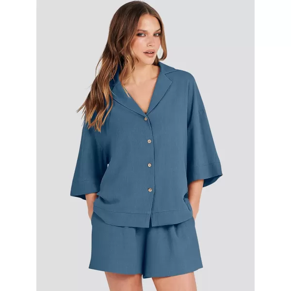 imageANRABESS Womens Summer 2 Piece Outfits Linen Sets Short Sleeve Button Tops Casual Lounge Shorts Sets with PocketsBlue