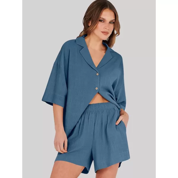 imageANRABESS Womens Summer 2 Piece Outfits Linen Sets Short Sleeve Button Tops Casual Lounge Shorts Sets with PocketsBlue