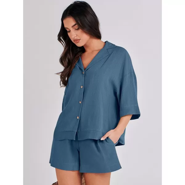 imageANRABESS Womens Summer 2 Piece Outfits Linen Sets Short Sleeve Button Tops Casual Lounge Shorts Sets with PocketsBlue