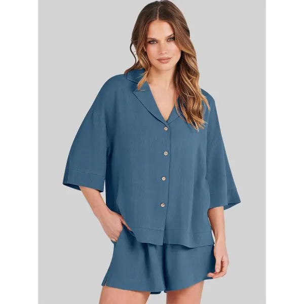 imageANRABESS Womens Summer 2 Piece Outfits Linen Sets Short Sleeve Button Tops Casual Lounge Shorts Sets with PocketsBlue