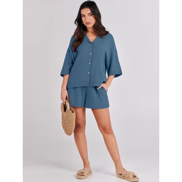 imageANRABESS Womens Summer 2 Piece Outfits Linen Sets Short Sleeve Button Tops Casual Lounge Shorts Sets with PocketsBlue
