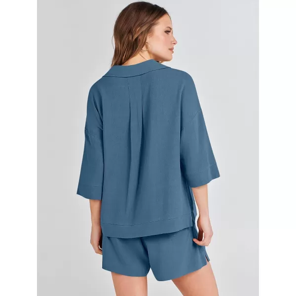 imageANRABESS Womens Summer 2 Piece Outfits Linen Sets Short Sleeve Button Tops Casual Lounge Shorts Sets with PocketsBlue