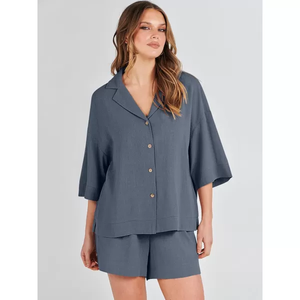imageANRABESS Womens Summer 2 Piece Outfits Linen Sets Short Sleeve Button Tops Casual Lounge Shorts Sets with PocketsGrey