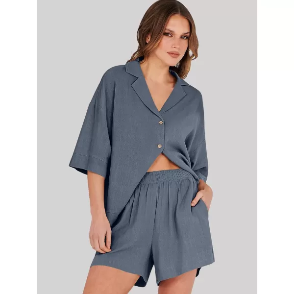 imageANRABESS Womens Summer 2 Piece Outfits Linen Sets Short Sleeve Button Tops Casual Lounge Shorts Sets with PocketsGrey