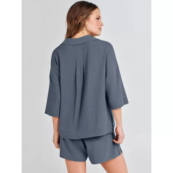 imageANRABESS Womens Summer 2 Piece Outfits Linen Sets Short Sleeve Button Tops Casual Lounge Shorts Sets with PocketsGrey