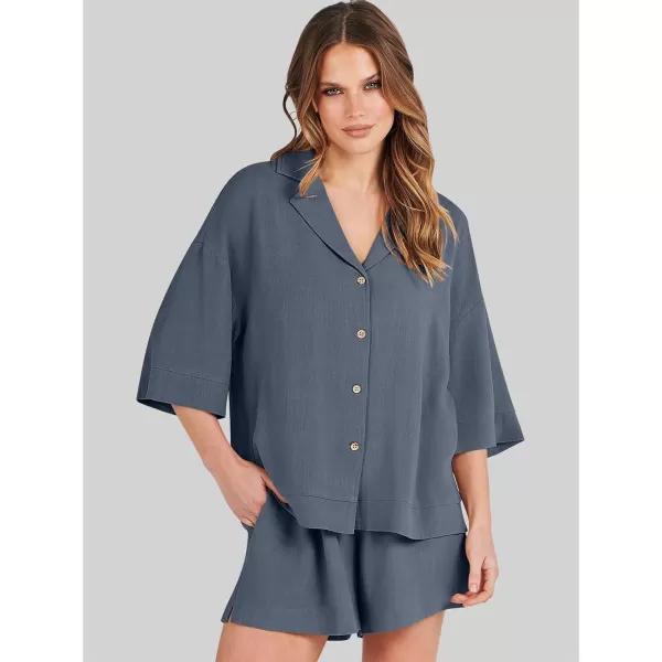imageANRABESS Womens Summer 2 Piece Outfits Linen Sets Short Sleeve Button Tops Casual Lounge Shorts Sets with PocketsGrey