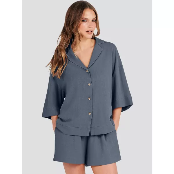 imageANRABESS Womens Summer 2 Piece Outfits Linen Sets Short Sleeve Button Tops Casual Lounge Shorts Sets with PocketsGrey