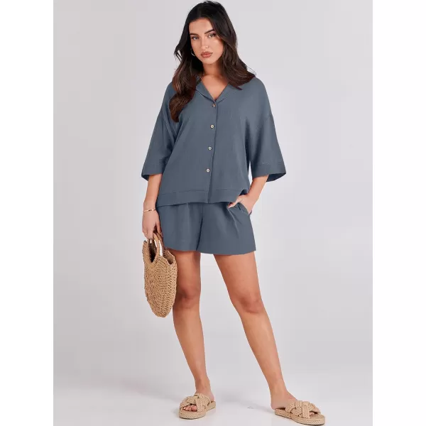 imageANRABESS Womens Summer 2 Piece Outfits Linen Sets Short Sleeve Button Tops Casual Lounge Shorts Sets with PocketsGrey