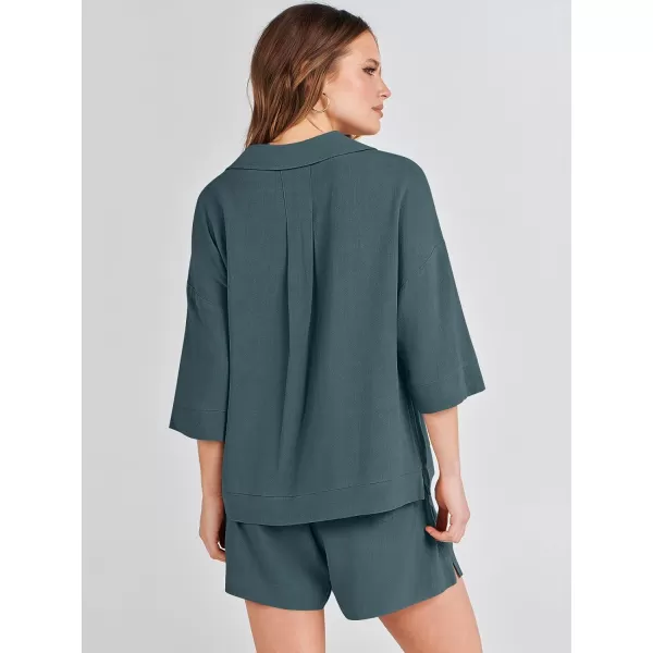 imageANRABESS Womens Summer 2 Piece Outfits Linen Sets Short Sleeve Button Tops Casual Lounge Shorts Sets with PocketsGrey Green