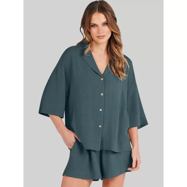 imageANRABESS Womens Summer 2 Piece Outfits Linen Sets Short Sleeve Button Tops Casual Lounge Shorts Sets with PocketsGrey Green